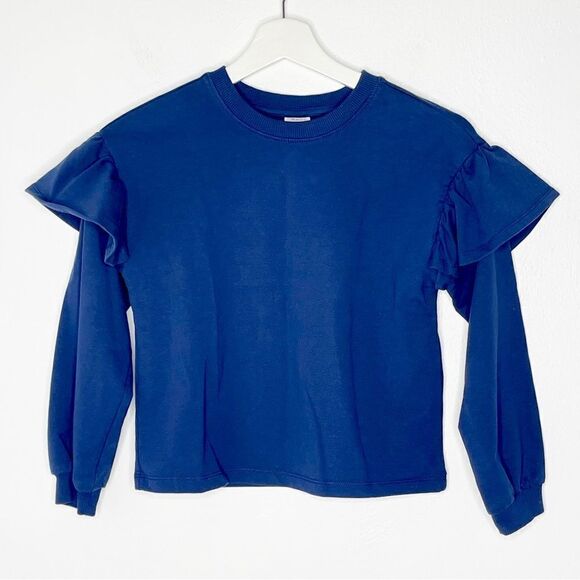 Hanna Andersson fleece lined navy blue crew neck sweat shirt with ruffles - 8 - Picture 1 of 5